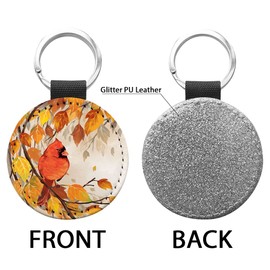 WIRESTER 2 Pcs Set PU Leather Round Silver Glitter Keychain Keyring for Keys, Cars, Motorcycles, Backpacks, Luggage - Red Cardinal Birds In Spring Autumn