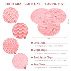 Diolan Makeup Brush Cleaning Mat & Drying Rack - 28 Holes Brush Holder, Silicone Rubber Clover Shaped Mat Cleaner - Black & Pink