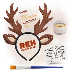 Festicy Deer Headband Women's Edition 2025 with Face Tattoo, Make-Up White, Reindeer Headband for Carnival Fancy Dress Deer Costume Women and Children, Deer Antlers Headband Carnival Accessories for