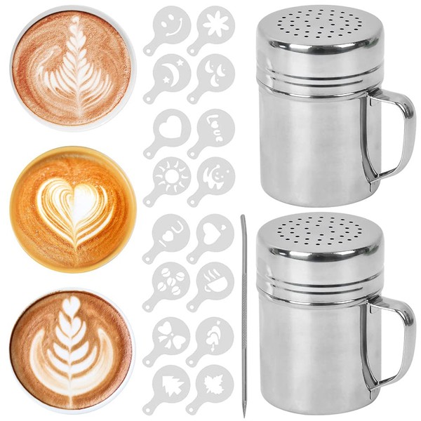 2 Pcs Stainless Steel Chocolate Shaker Powder Shakers Duster Icing Sugar Shaker with Handle & Lid Coffee Cocoa Dredges Powder Shaker with 16 Coffee Stencils 1 Coffee Art Pull Pin for Drink Baking