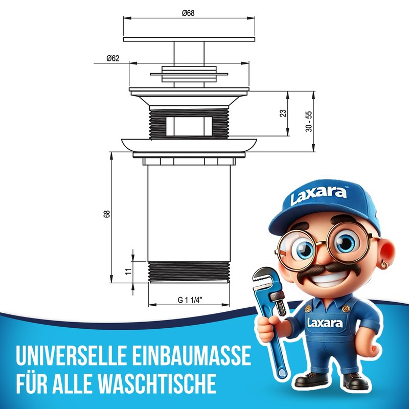 Drain Fitting for Sink with and without Overflow, Click-Clack Valve