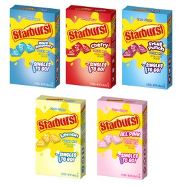 SINGLES TO GO! Starburst Variety pack 5 box, 5 flavor (Raspberry, Cherry, Fruit Punch, Strawberry and Lemon)