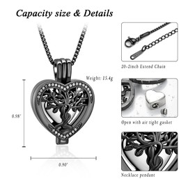 XSMZB Cremation Urn Necklace for Ashes of Loved One Tree of Life Heart Memorial Ash Pendant Funeral Keepsake Jewelry for Women(Black-Silver)