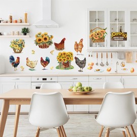 PLIGREAT Rooster Hens Chicken Eggs Sunflowers Wall Stickers, Removable Vinyl Peel and Stick Wall Decals for Farmhouse Dininig Living Room Farm Market Store Wall Decoration Home Indoor Wall Art Decor