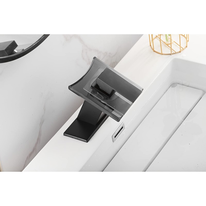 Black Bathroom Sink Faucet LED Light 3 Colors Changing Waterfall