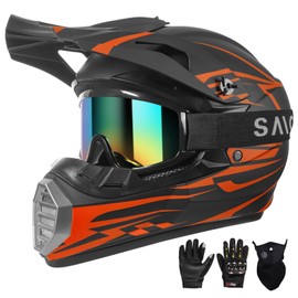 DOT Approved Ultra-Lightweight Full Face Dirt Bike Helmet - Ventilated ATV/Motorcycle Motocross Helmet with Gloves, Goggles & Face Shield (Red Orange, Medium)