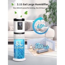 8L Humidifiers for Bedroom, 30dB Quiet, 500ft² Coverage, 60H Runtime, Top Fill, 3-in-1 Humidifier Large Room & Essential Oil Diffuser & Ambient Light, Sleep Mode, 16H Timer, Auto Shutoff Protection