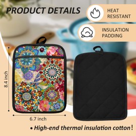 HUGANE Boho Floral Oven Mitts Set, Vintage Luxury Colorful Flower Floral Heat Resistant Kitchen Oven Gloves for Baking and Cooking,Pot Holders