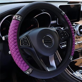DBYUME Soft Leather Car Steering Wheel Cover with Sparkly Crystal Diamond, Universal 15 Inch Colorful Rhinestones Elastic Steering Wheel Covers for Women (Pink)