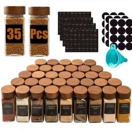 Yangbaga 4oz Glass Spice Jars with Labels，35Pcs Empty Square Spice Bottles with acacia wood lid & Shaker Lids and Silicone Collapsible Funnel Included,Seasoning Storage Bottles for Rack,Cabinet,Drawer