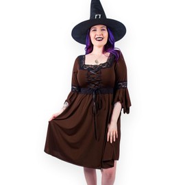 Disfraz de bruja mágica de Dare to Wear: colgante de pentagrama, sombrero de terciopelo, vestido gótico victoriano para mujer, Vestido Renacimiento, Nogal, 3x