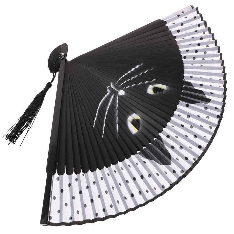 Black Cat Folding Fan - Cartoon Cat Handheld Bamboo Silk