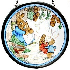 Decorative Hand Painted Stained Glass Window Sun Catcher/Roundel in Beatrix Potter's Mrs Rabbit with Flopsy Bunnies and Peter in Their Burrow