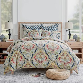 Levtex Home - Moreno Duvet Cover Set - Full/Queen Duvet Cover (90 x 94in.) + Two Standard Pillow Cases (26 x 20in.) - Traditional Damask - Red, Blue, Grey, Gold, Teal - Cotton