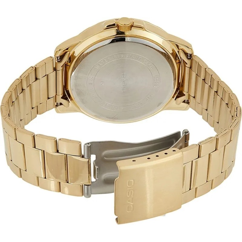 Reloj Casio Mtpv002 G1b Hombre Dorado Negro Fechador Full Correa