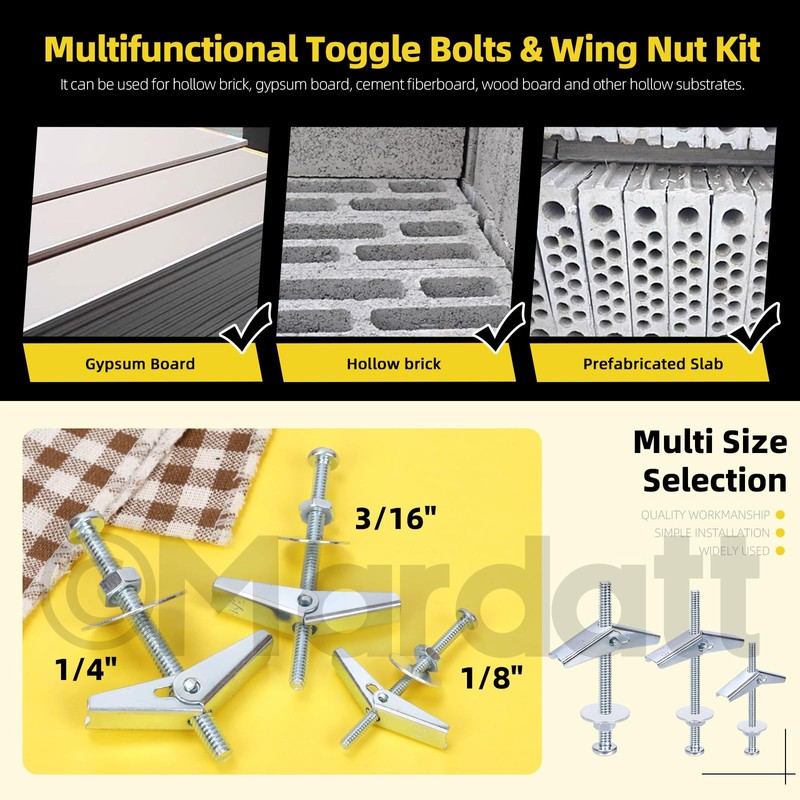 Mardatt 30 Sets 1/4" Toggle Bolts and Wing Nuts, Metal