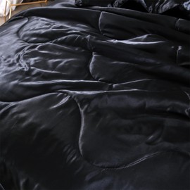 Holawakaka Solid Satin Silk Like Quilt Set Luxury Ultra Soft Silky Comforter Pillowcase King Size Bedding Set (Black)