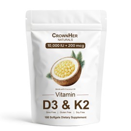 GROHESE Naturals D3 K2, Essentials Vitamin D3 K2, Vitamin D3 K2 10000 IU+ K2 200 mcg MK-7, Coconut Oil, Extra Strength, Bone & Immune Support, 180 Softgels