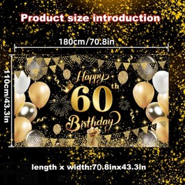 Yuanbigtai 60th Happy Birthday Banner,Happy 60th Birthday Decorations Backdrop,Birthday Party Decoration Black Gold Sign Poster for Backdrop Background for Men, and Women Birthday, 70.8 x 43.3 Inch