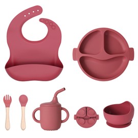 6 Stück Baby Geschirrset, Silikon Kindergeschirr Set mit Saugnapf, Rutschfest Baby Teller, Lätzchen, Schüssel, Tassen, Loffel, BPA Frei (Hellrosa)