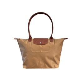Designer-like Tote Bag | Genuine Leather Trimmings | Water Resistant | Foldable | Soft Nylon | Fashionable | Lightweight | Snap Button | Zip Closure | 2 Flat Inside Pockets (Brown)