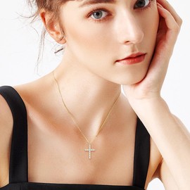 Ever Faith Dainty 14K Gold Cross Necklace for Women, 925 Sterling Silver Cubic Zirconia Tiny Cross Pendant Necklace Birthday/Mothers Day/Valentines Day/Christmas Jewellery Gift