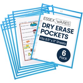 Essex Wares - 6 Pack, Sky Blue, Water-Resistant Dry Erase Pocket Document Protectors, 10" Wide x 13.5" Tall - Dry Erase Clear Plastic Sleeves - Reusable & Easy Erase Plastic Invoice Holders