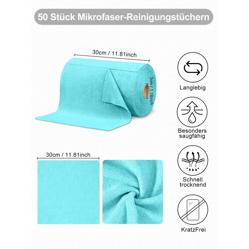 Microfibre Cleaning Cloths, Pack of 50 per Roll, Tear-Off Cleaning