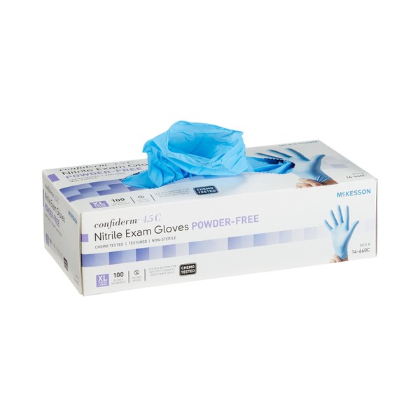 McKesson Confiderm 4.5C Nitrile Exam Gloves - Powder-Free, Latex-Free, Ambidextrous, Textured Fingertips, Chemo Tested, Non-Sterile - Light Blue, Size XL, 100 Count, 1 Box