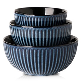 Hasense Large Mixing Bowls of 3, Porcelain Ribbed Bowls 1.5/1/0.5 Qt For Kitchen, Cooking, Baking and Serving Prep Bowls for Salad, Pasta, Modern Kitchen Dish Dishwasher & Microwave Safe, Blue