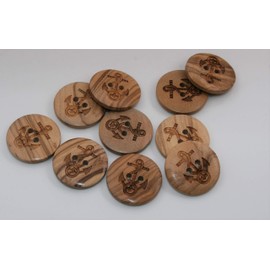 Wooden Buttons with Anchor Motif, 2 Holes, Made in Europe with Natural Grain (30 mm), Pack of 10