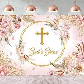 God Bless Backdrop Baptism Backdrop for Girls Baby Shower Party Decorations Pink Boho Flowers God's Grace Background First Holy Communion Christening Banner Photoshoot Props 8x6FT
