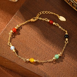 Multi-Colored Gemstone Y-Shaped Long Necklace, Gold Tone, adjustable, Brass, No Gemstone