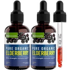 MaxImmunity Organic Elderberry Syrup, 60 Day Supply, Black Elderberry Liquid Drops for Immune Support, Sambucus Elderberry Syrup - Liquid Extract Drops for Kids & Adults - Extra Strength (2 Pack)