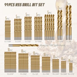 PRESS NUTS 99PCS HSS Titanium Twist Drill Bits, 1 to 10mm Mixed High Speed Steel Drill Bits for Cast Iron, Aluminum Alloy, Wood, Plastic, With Tray Case
