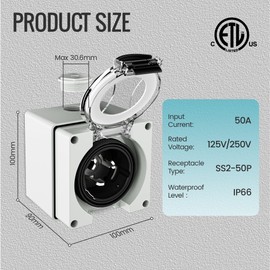 50 Amp Generator Power Inlet Box, NEMA SS2-50P Male for 3 Prong Generator Cord, 125/250 Volt, 12500 Watts, IP66 Outdoor Dustproof and Weatherproof, ETL Listed