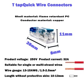 T tap wire connectors Dujelixa(15-13AWG 1T to 1)21Pcs T tapQuick Wire Connectors, PC and tinned copper, 7 each for red yellow blue No need to strip wires or disconnect power Plug and Play