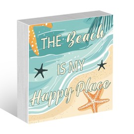 OZUEMUL Starfish Shell Beach Summer Decor Beachs Blue Wooden Box Decor Wood Stacked The Beach Is My Happy Place Decoration for Rustic Farmhouse Home Living Room Decorative Sign