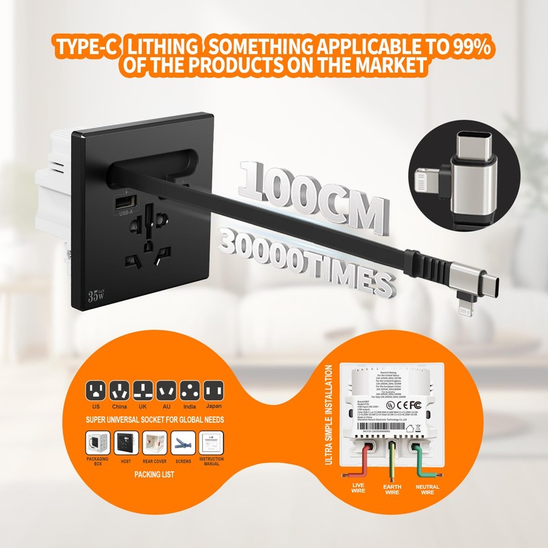 DR.IT 15 Amp Universal Wall Outlet, 35W GaN Fast Charging