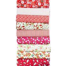 Pack of 9 Red & White 100% Cotton Fabrics for Sewing, Quilting & Patchwork, 50 x 50 cm