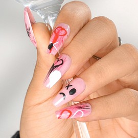 Sethexy Long Coffin Pink False Nails Handmade Funny Shiny False Nails Hand Painted Love Heart Nails Press Face Smell Acrylic Salon Quality Nail Art Removable for Women and Girls