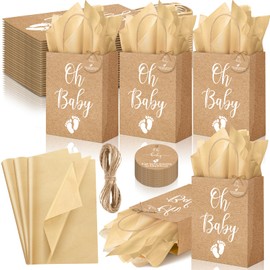 Saypacck 50 Pack Rustic Kraft Baby Shower Gifts Bag with Tissue Papers Baby Shower Paper Bags with Handle Gift Bag and 50 Tissue Paper Tags Twine for Guests Gifts Gender Reveal Baby Shower Favors