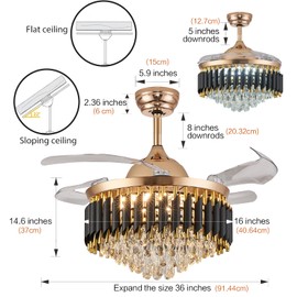 YOLIZUOT 36" Dimmable Black and Gold Crystal Chandelier with Fan, Gold Fandelier Ceiling Fans with Lights and Remote Modern Retractable Blade Ceiling Fans for Dinning Room Living Room Kitchen