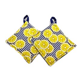 Pot holder for kitchen Pot Holder Set Oven Hot Pad Pot Holder for Cooking or Baking in a Blue Lemon Fabric Print