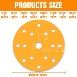 KONGMING 80 Pcs 150mm Sanding Discs Grit 40 60 80 120 180 220 320 400 Hook and Loop 15 Hole for Random Orbital Sander