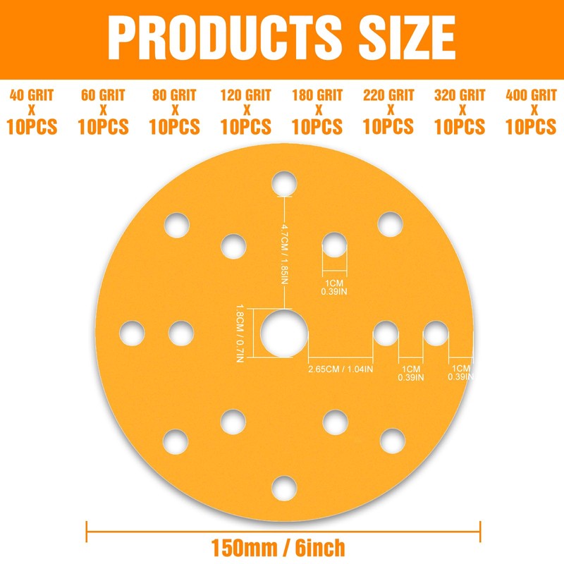 KONGMING 80 Pcs 150mm Sanding Discs Grit 40 60 80