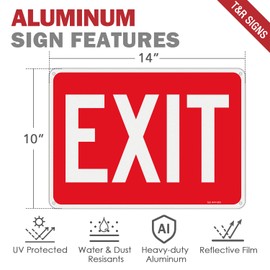 T&R Large Exit Sign - 14 x 10 Inches Rust Free .040 Aluminum Reflective - UV Protected, Waterproof and Fade Resistant - 4 Pre-drilled Holes