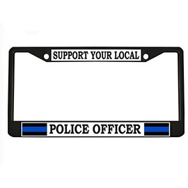 Support Your Local Police Officer Police Cop Heavy Metal License Plate Frame Tag Chrome/Black (Black/White/Black)