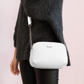 David Jones - Women's Small Crossbody Bag - Ladies Zipper Multi-Pockets Shoulder Bag - PU Leather Messenger Handbag - Classic Elegant City Saddle Bag - Work Travel Casual Everyday Purse Bag - White