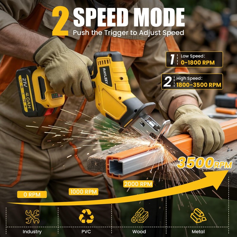 RAYLEEY Cordless Reciprocating Saw, Brushless Motor, 2x4000mAh Battery, 8 Saw